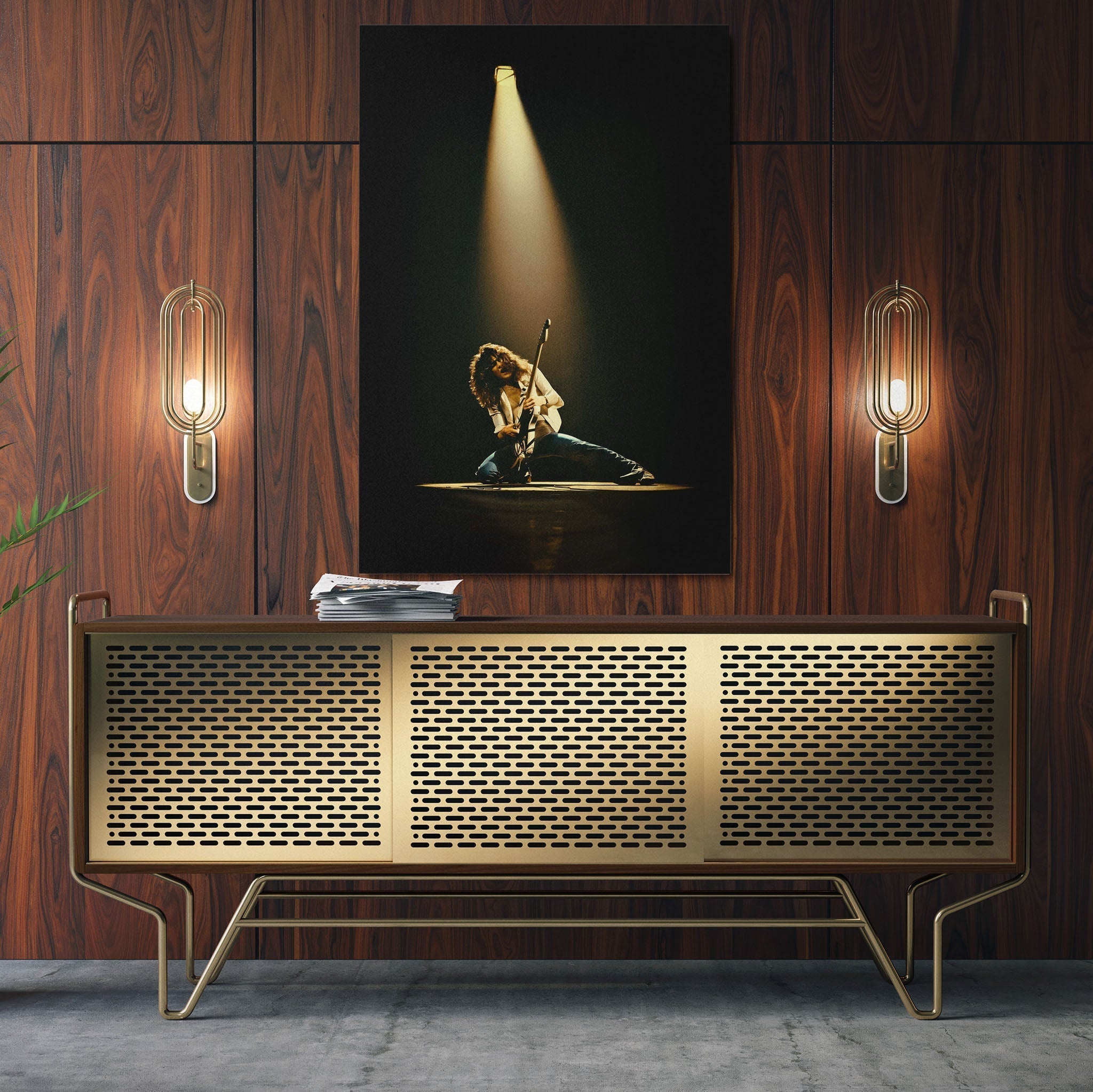 Restored concert photograph printed on a matte aluminum panel, hung above a mid-century credenza