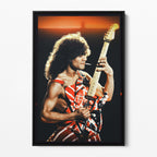Front view of Eddie Van Halen 1982 iconic guitarist artwork showcased in a sleek black floating canvas frame.