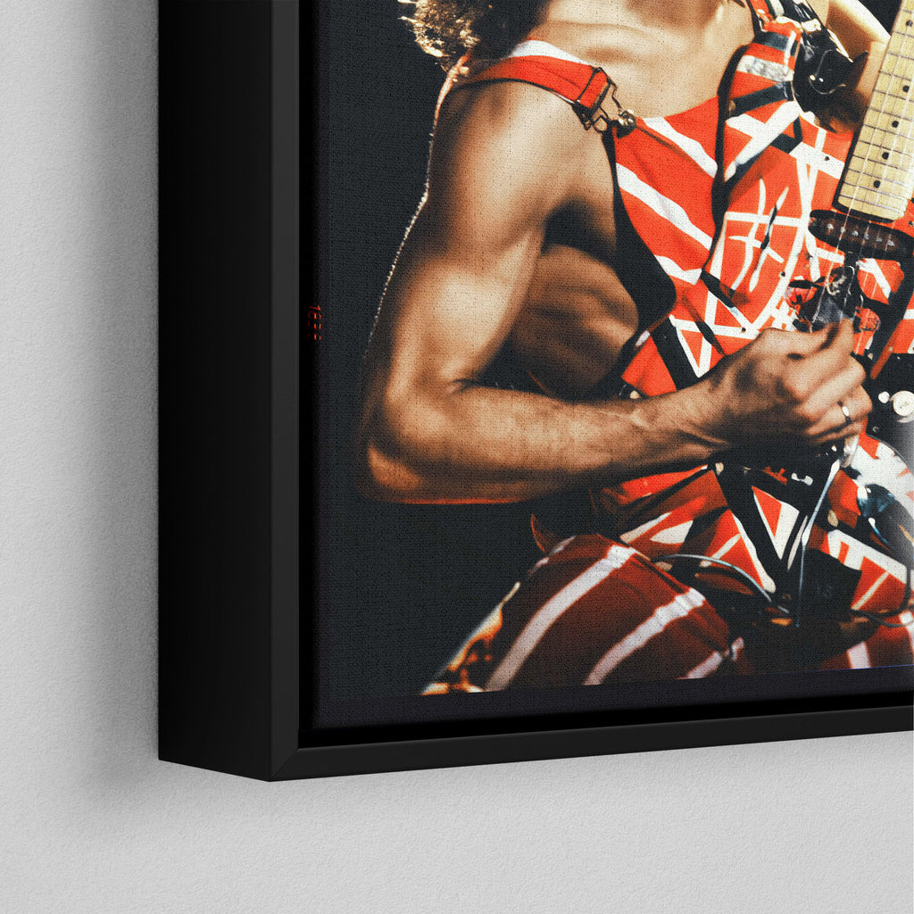 Detailed corner macro shot highlighting the elegant floating gap and fine wood finish of the black canvas frame.