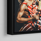 Detailed corner macro shot highlighting the elegant floating gap and fine wood finish of the black canvas frame.