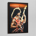 Angled side view of Eddie Van Halen 1982 rock print housed in a sophisticated dark walnut wood floating frame.