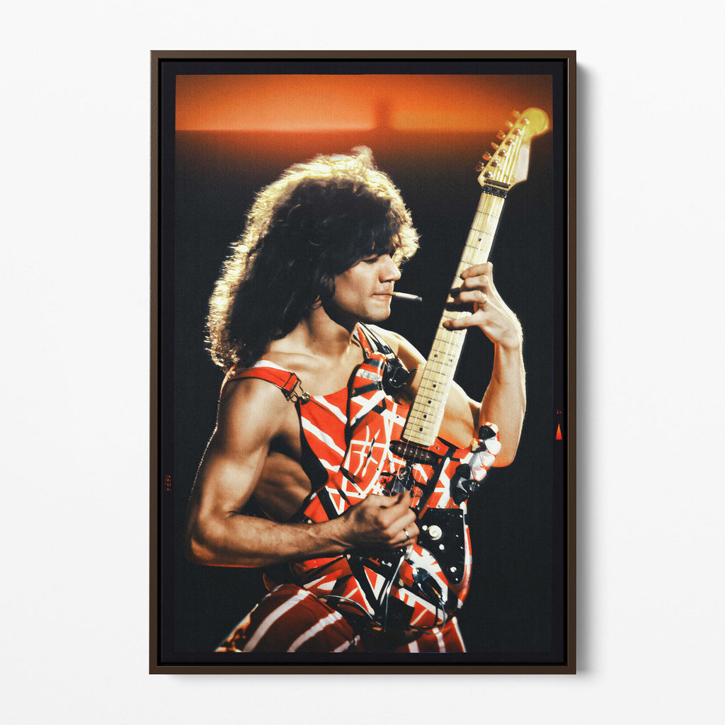 Full front display of the vintage Eddie Van Halen music wall art enclosed in a premium dark wood floating frame.