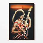 Full front display of the vintage Eddie Van Halen music wall art enclosed in a premium dark wood floating frame.