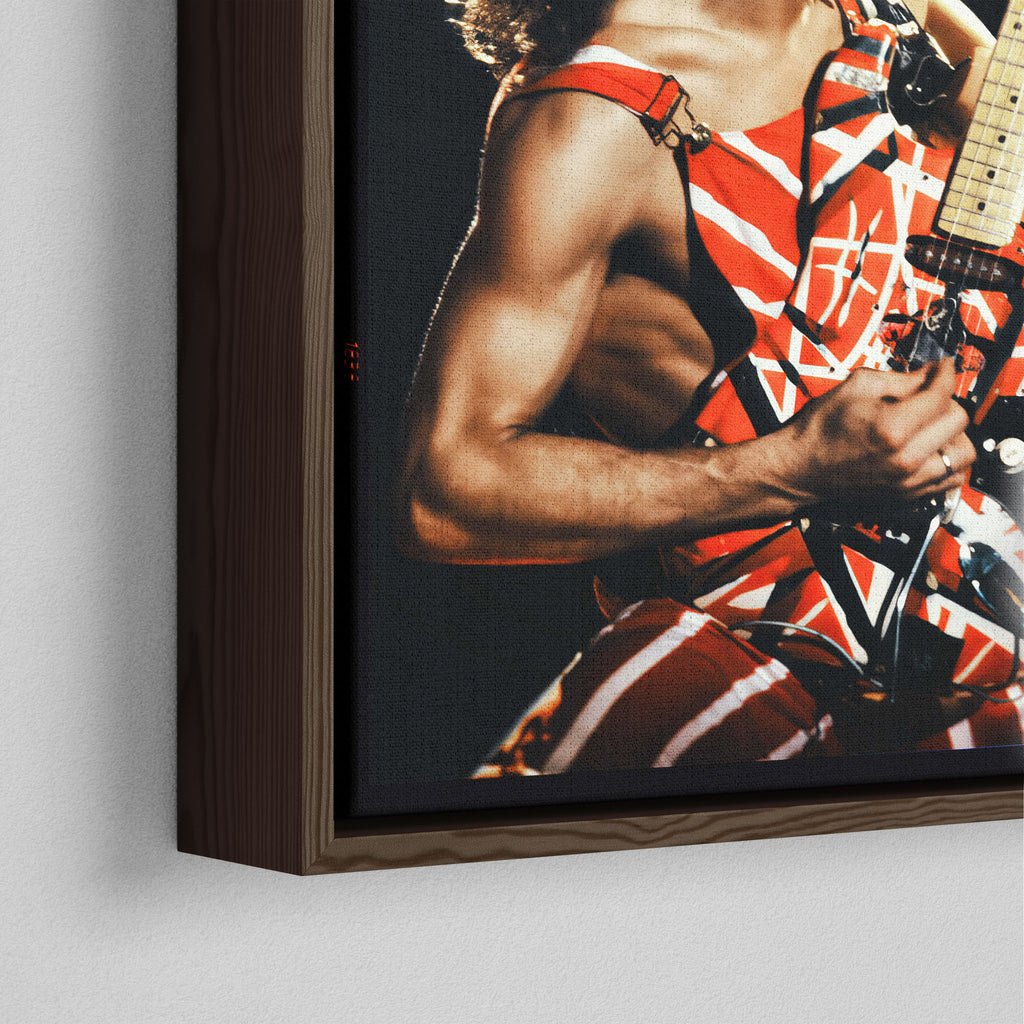 Detailed close-up showing the rich texture, grain, and precise corner joinery of the dark walnut floating canvas frame.