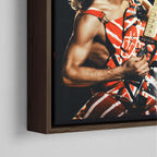 Detailed close-up showing the rich texture, grain, and precise corner joinery of the dark walnut floating canvas frame.