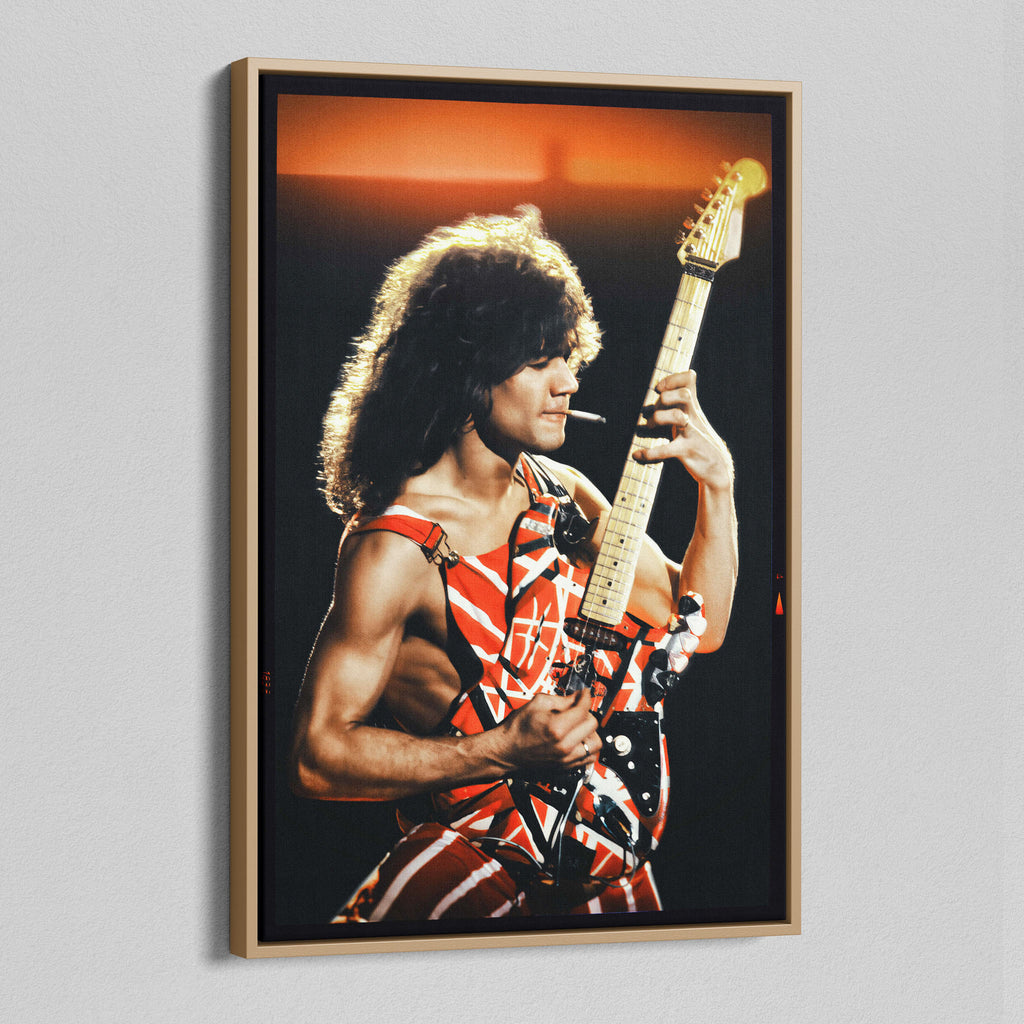Angled perspective of a heavy-weight canvas print framed with a modern natural oak wood floating frame design.