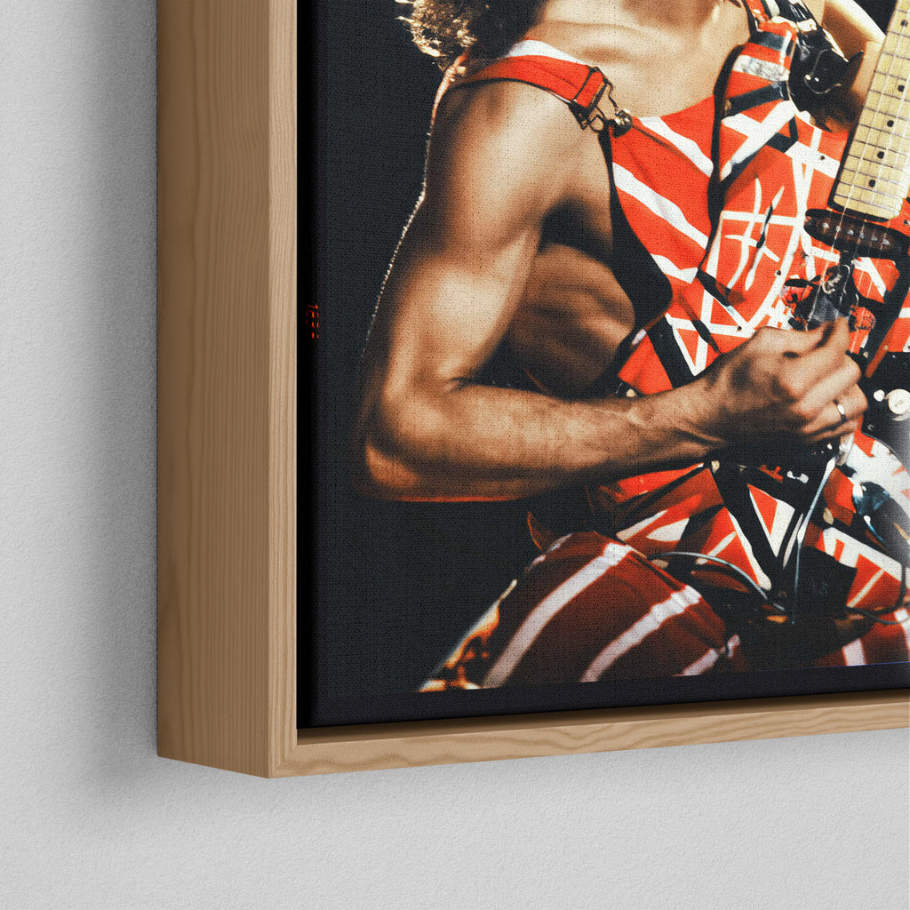 Detailed corner close-up highlighting the precise floating gap and beautiful grain texture of the natural wood canvas frame.