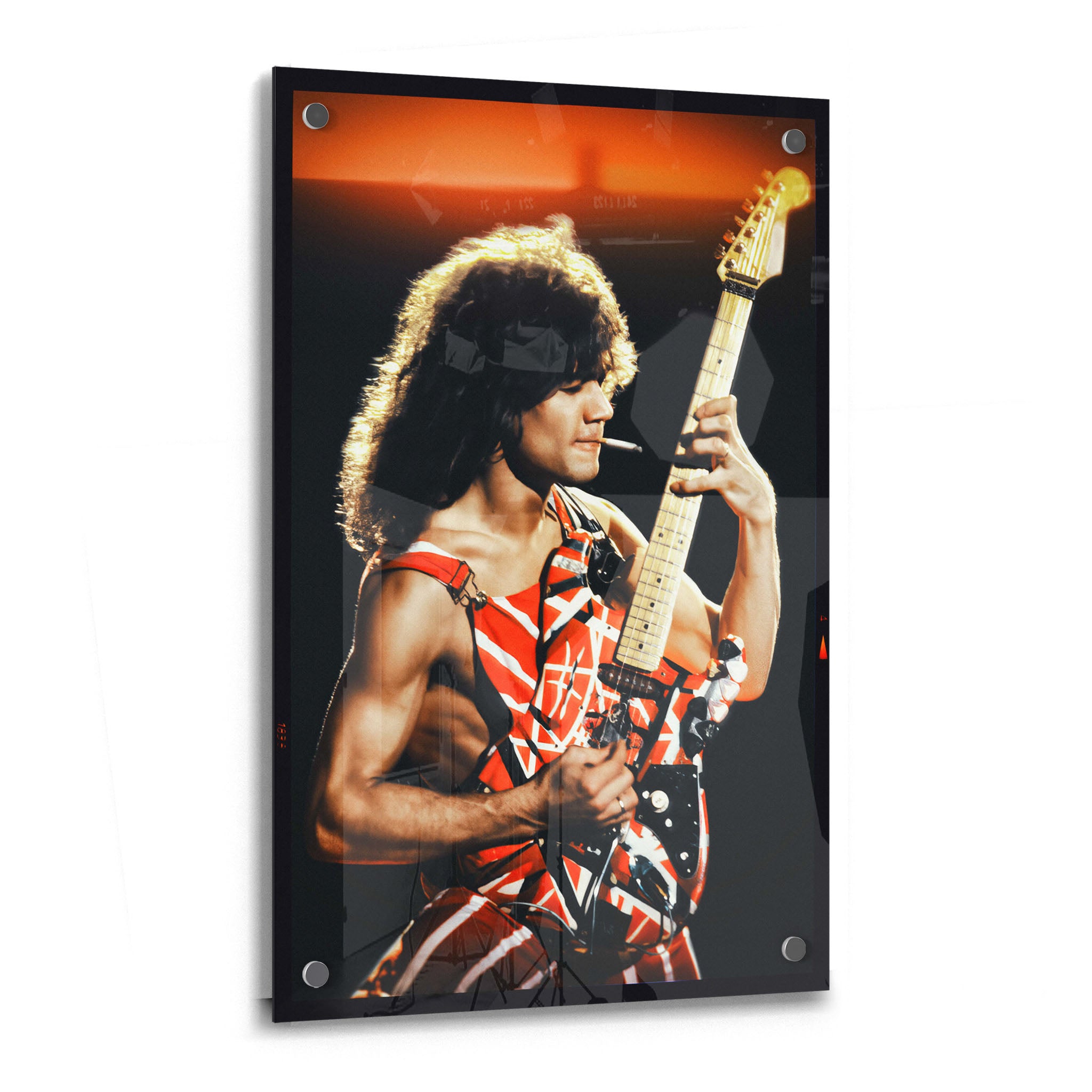 Crystalline optical-grade acrylic glass art print of Eddie Van Halen 1982 with polished edges and modern wall mounts.