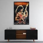 High-gloss luxury acrylic glass print of Eddie Van Halen hanging as elegant home decor above a contemporary black console.