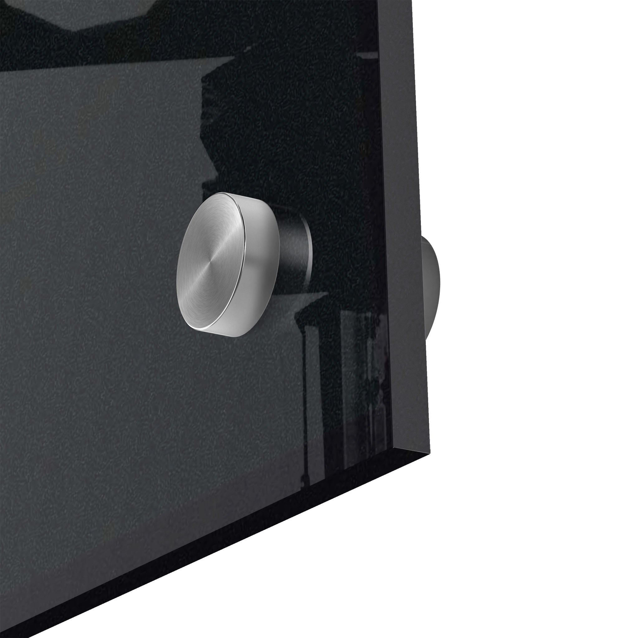 Macro close-up highlighting the brilliant depth effect and architectural stainless steel standoff mount of the acrylic print.