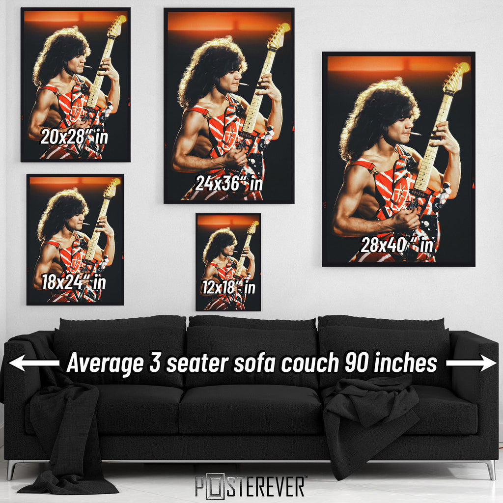 Comprehensive wall art size comparison chart displaying multiple print dimensions above an average 90-inch 3-seater sofa.