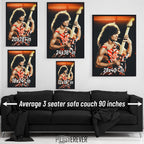 Comprehensive wall art size comparison chart displaying multiple print dimensions above an average 90-inch 3-seater sofa.