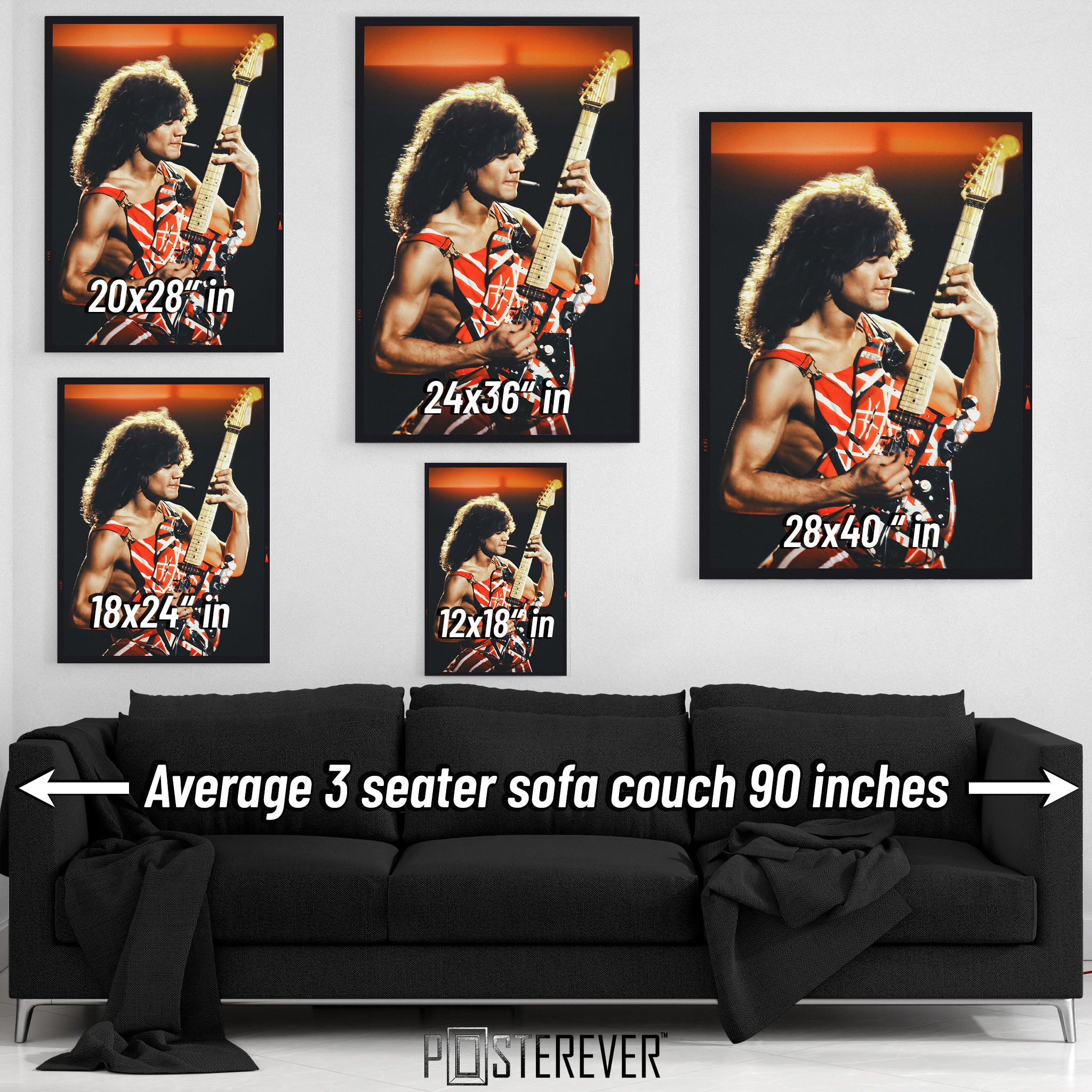 Comprehensive wall art size comparison chart displaying multiple print dimensions above an average 90-inch 3-seater sofa.