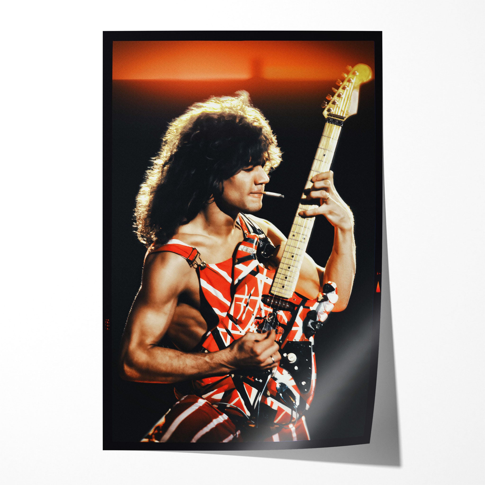 Full front view of the unframed premium matte paper poster print of rock legend Eddie Van Halen at the 1982 Diver Down Tour.