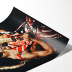 Close-up angled view of an unframed premium matte paper poster print of legendary guitarist Eddie Van Halen.