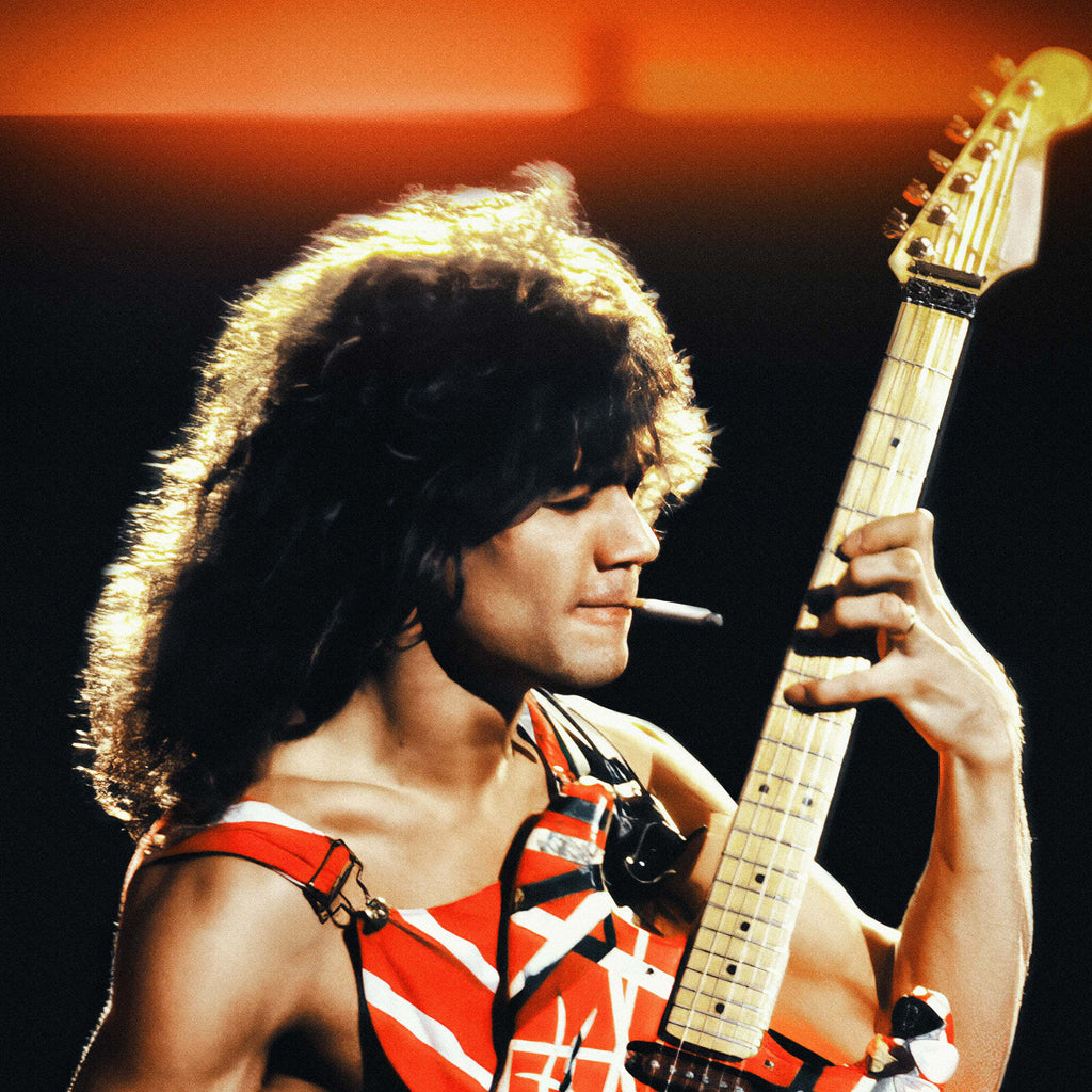 Medium zoom shot highlighting the sharp details and rich colors of the Eddie Van Halen 1982 fine art music print.