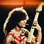 Medium zoom shot highlighting the sharp details and rich colors of the Eddie Van Halen 1982 fine art music print.
