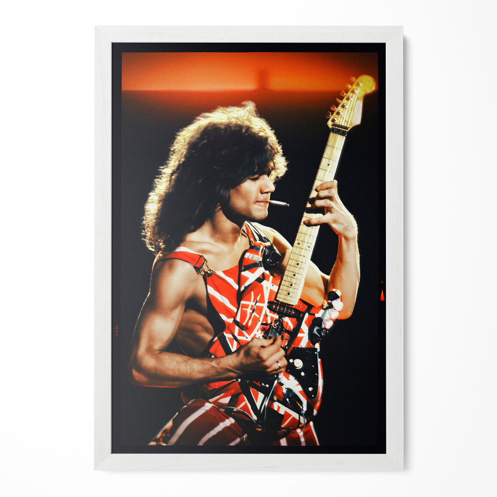 Full front view of the Eddie Van Halen 1982 Diver Down rock poster housed in a modern minimalist white wooden frame.