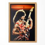 Eddie Van Halen 1982 legendary guitarist wall art print showcasing a high-end natural oak wood frame by POSTEREVER.