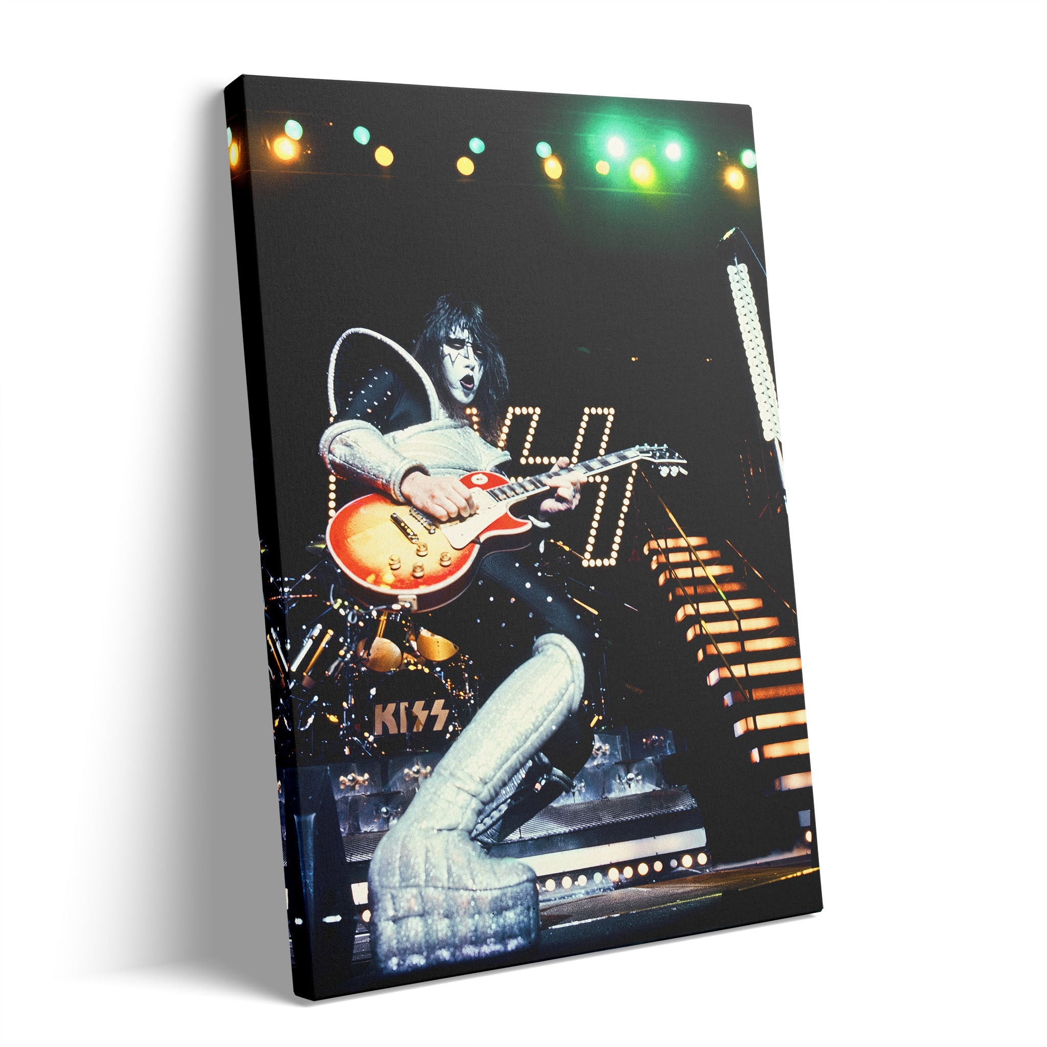 Premium gallery-wrapped color canvas print of Ace Frehley live with KISS at The Forum in 1977.