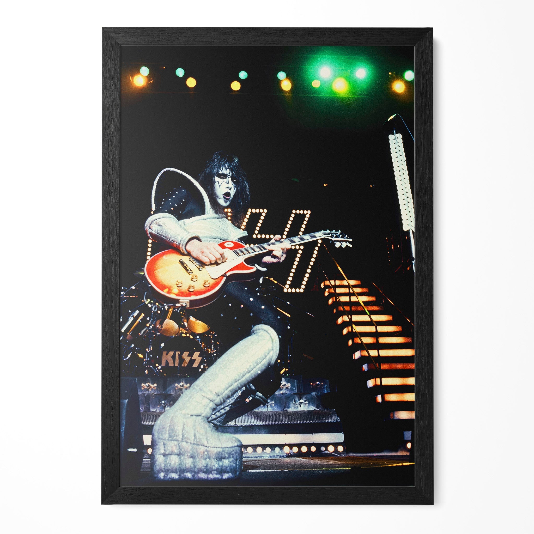 Ace Frehley 1977 KISS Love Gun Tour color concert poster in a premium classic black wooden frame by POSTEREVER.