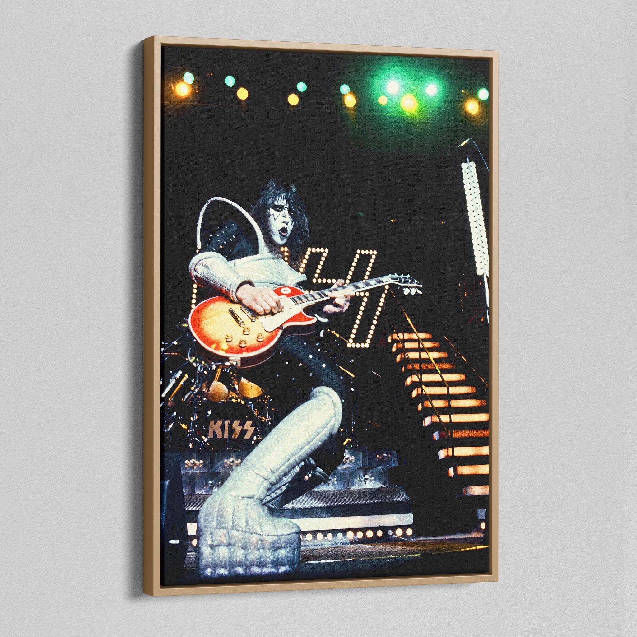 Angled view of the color canvas in a modern natural oak wood floating frame.