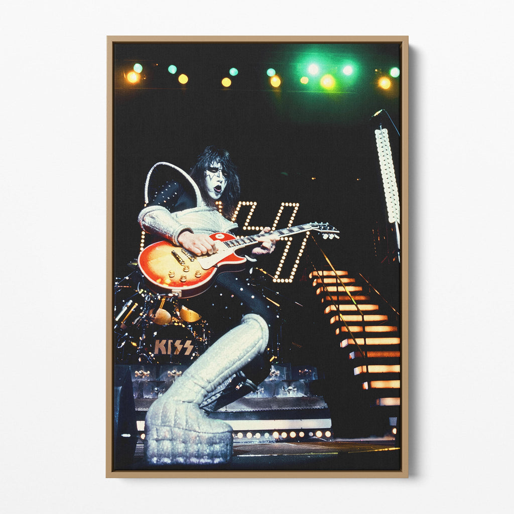 Front display of the Ace Frehley 1977 KISS color canvas in a premium natural wood floating frame.