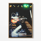 Front display of the Ace Frehley 1977 KISS color canvas in a premium natural wood floating frame.