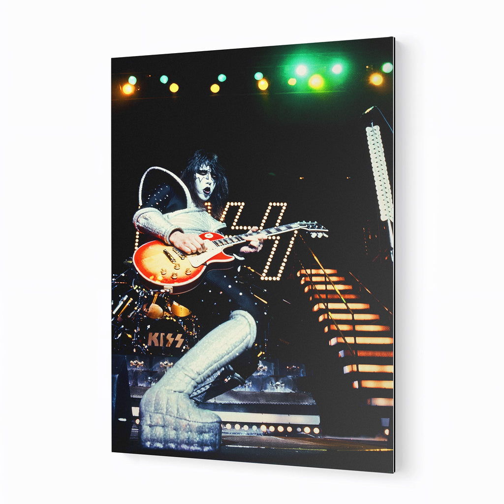 Premium color metal print of Ace Frehley live with KISS at The Forum 1977 on an industrial-grade aluminum panel.