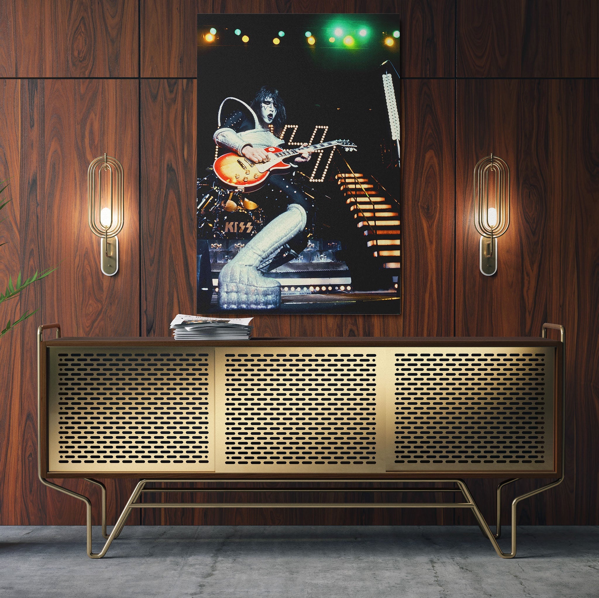 Sleek aluminum color metal print of Ace Frehley displayed over a mid-century modern credenza.