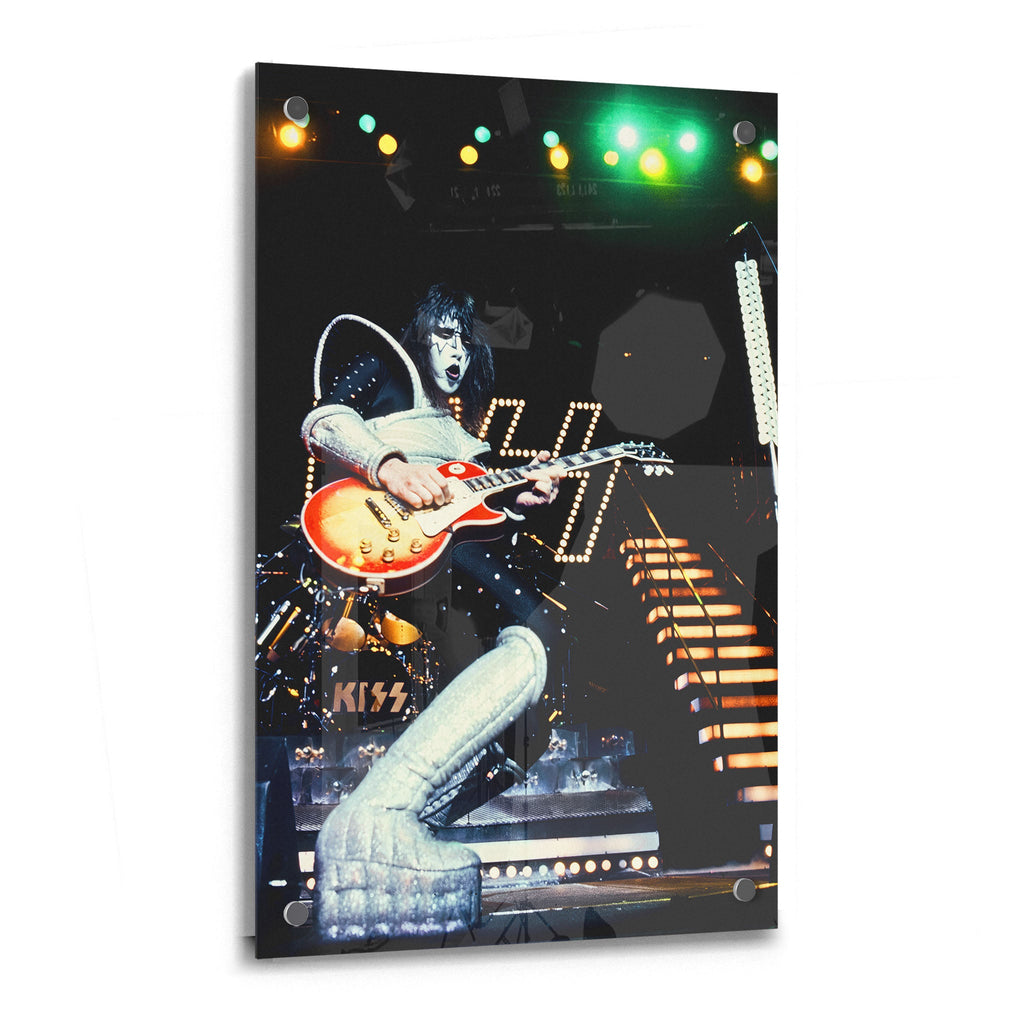 Crystal-clear acrylic glass color art print of Ace Frehley 1977 KISS with polished edges.