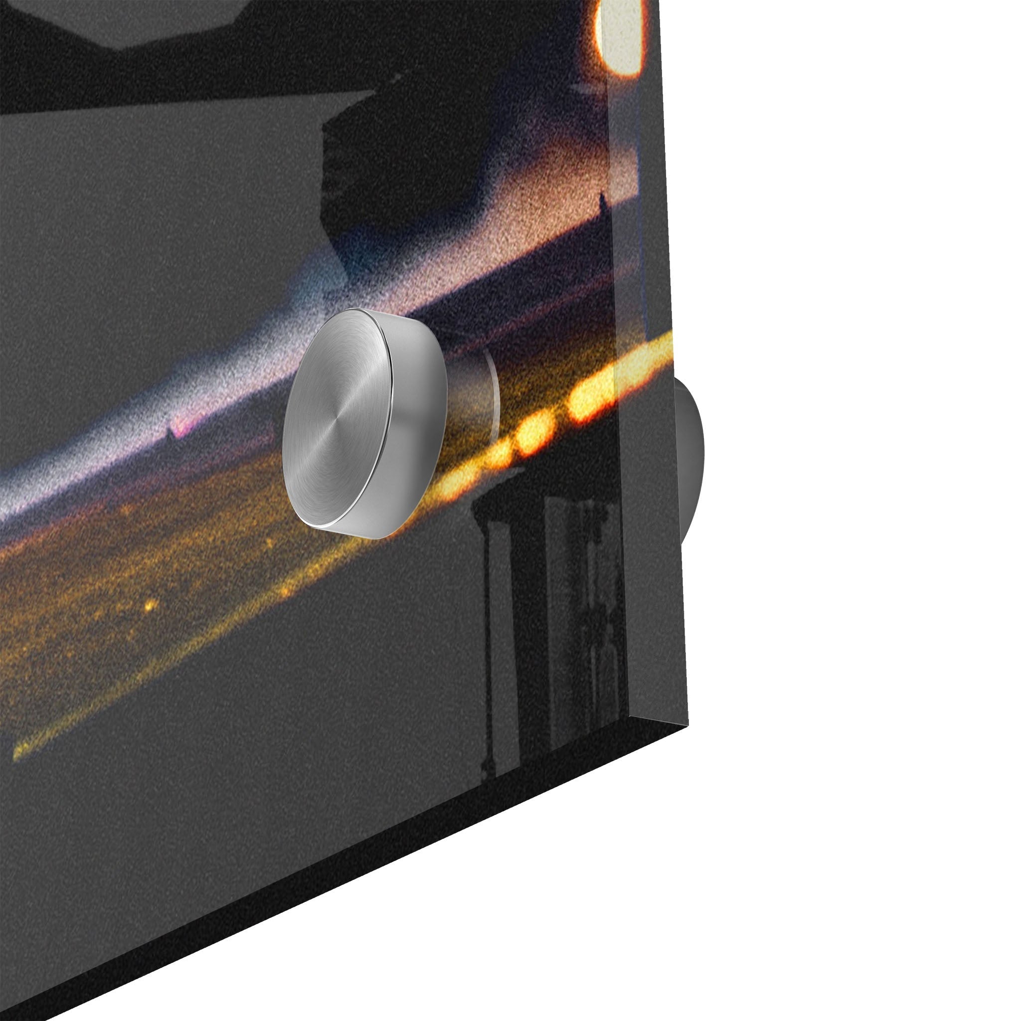 Macro close-up of the depth effect and stainless steel standoff mount of the acrylic Ace Frehley print.