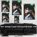 Ace Frehley 1977 KISS color wall art size comparison chart shown above an average 90-inch three-seater sofa.