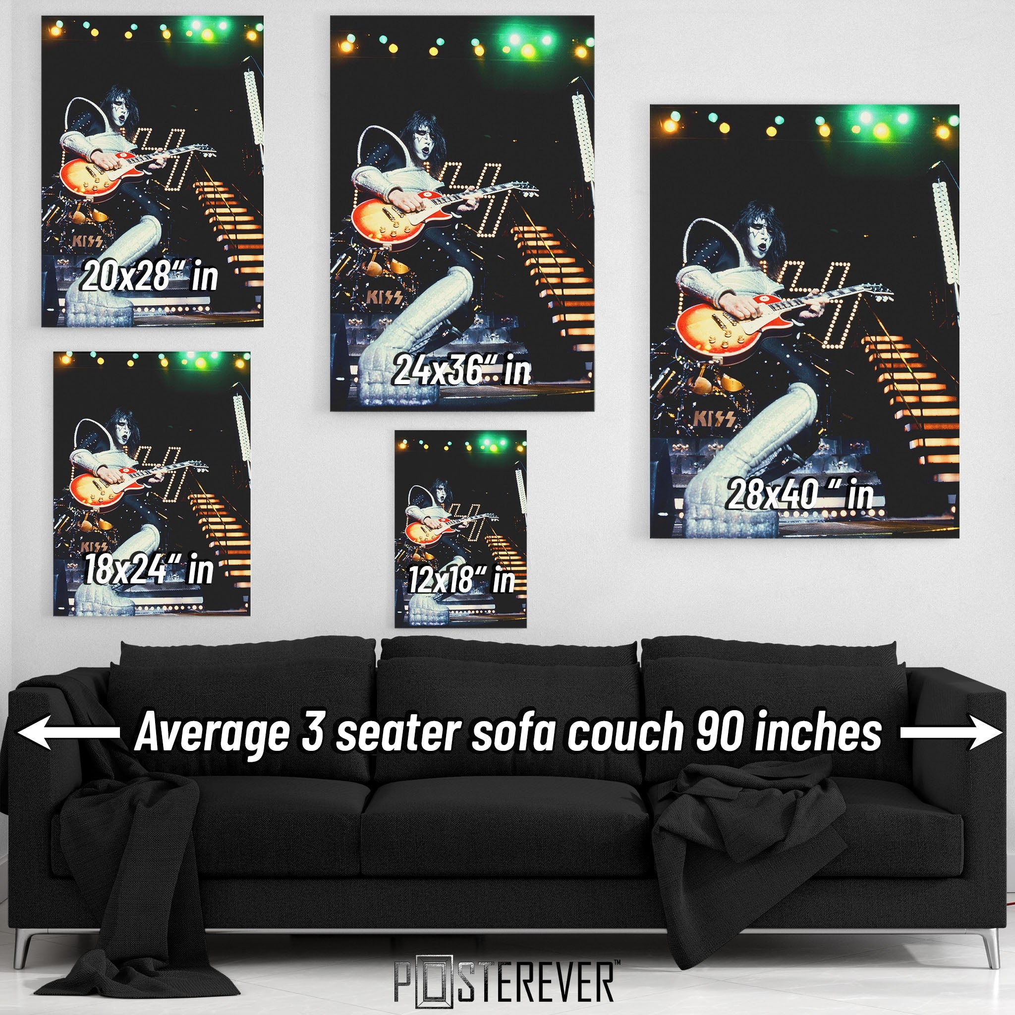 Ace Frehley 1977 KISS color wall art size comparison chart shown above an average 90-inch three-seater sofa.