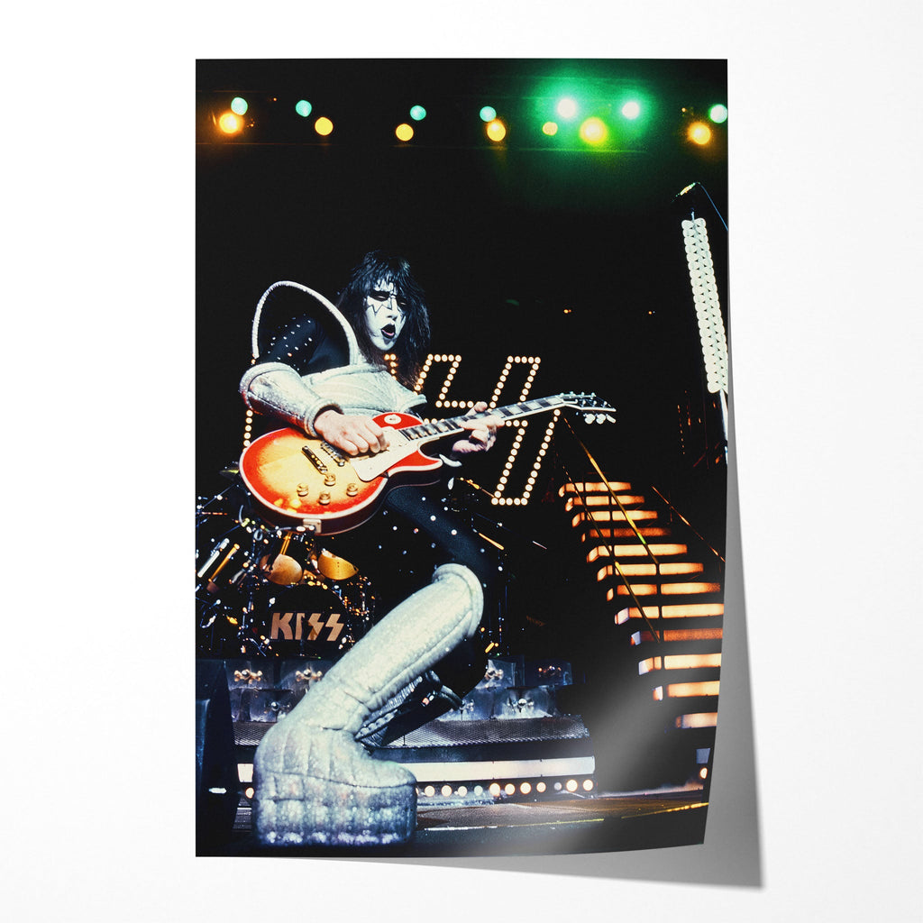 Unframed Ace Frehley The Spaceman 1977 KISS concert poster print at The Forum with his Les Paul and silver moon boots.