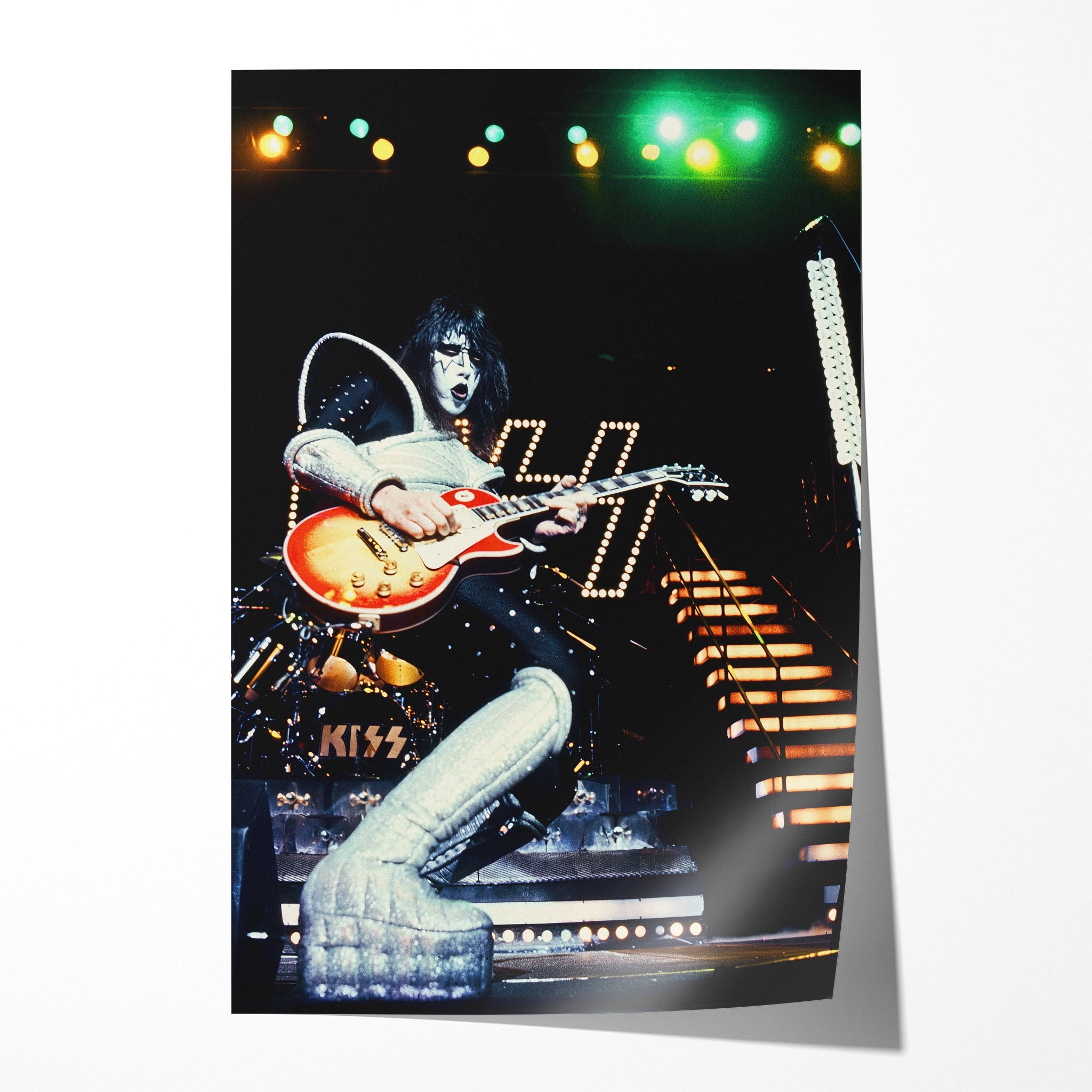 Unframed Ace Frehley The Spaceman 1977 KISS concert poster print at The Forum with his Les Paul and silver moon boots.