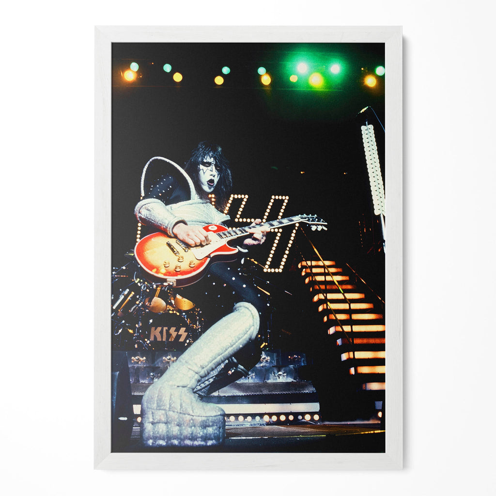 Ace Frehley 1977 KISS Love Gun Tour color poster in a modern minimalist white wooden frame by POSTEREVER.