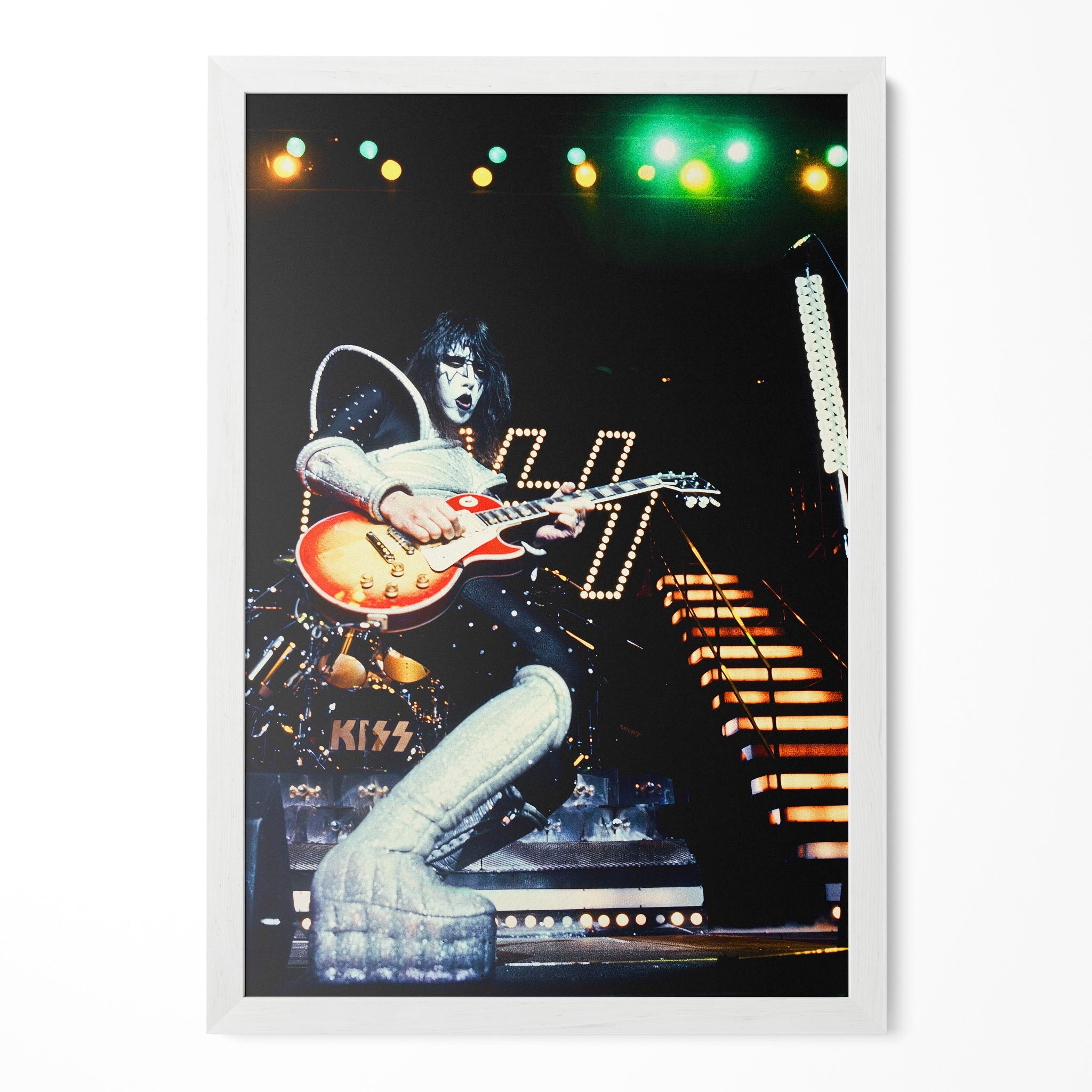 Ace Frehley 1977 KISS Love Gun Tour color poster in a modern minimalist white wooden frame by POSTEREVER.