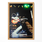 Ace Frehley 1977 KISS live color guitar poster in a premium natural oak wood frame by POSTEREVER.