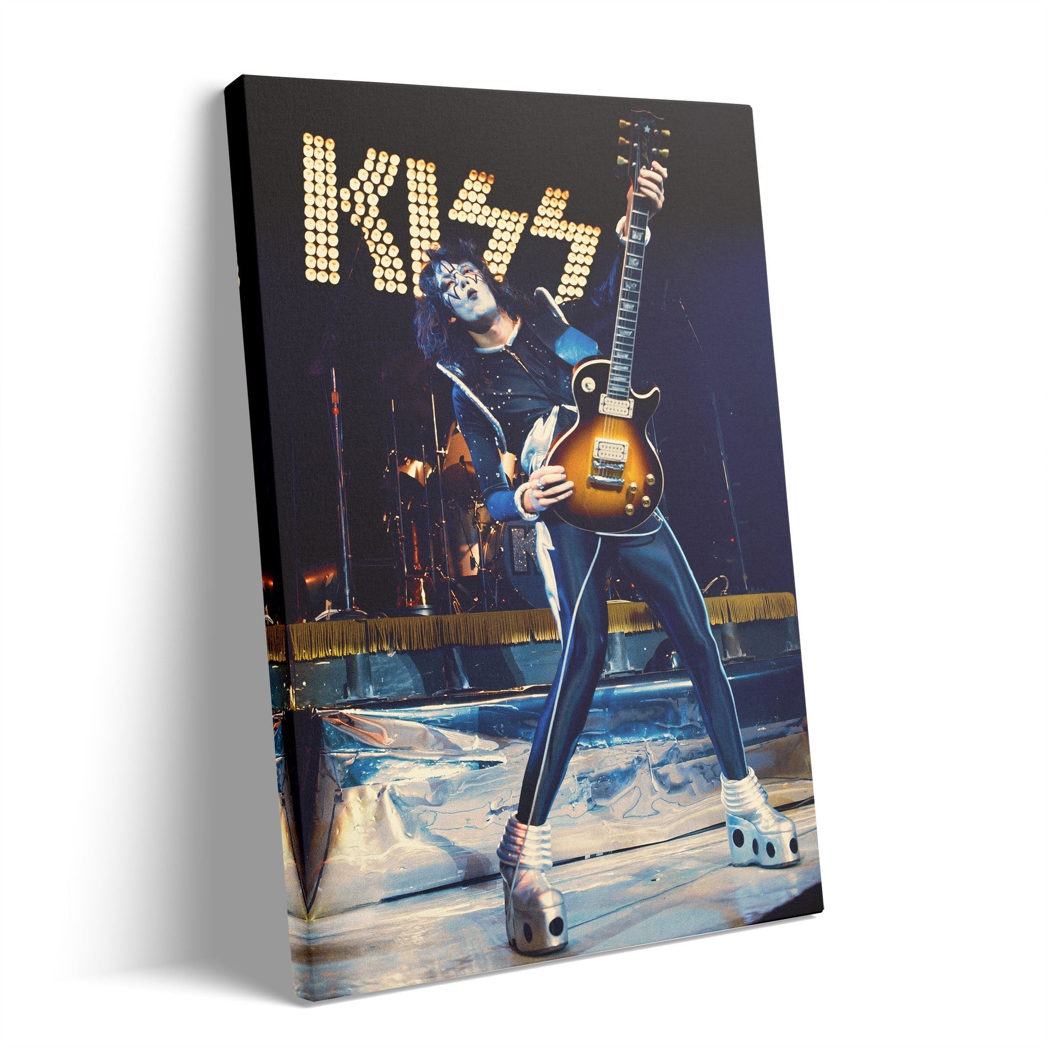 Premium gallery-wrapped color canvas print of Ace Frehley live with KISS at Nippon Budokan in 1977.