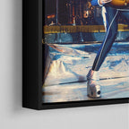 Corner macro of the elegant floating gap and fine finish of the black floating canvas frame.