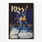 Front display of the Ace Frehley 1977 KISS Japan color canvas in a premium dark walnut floating frame.