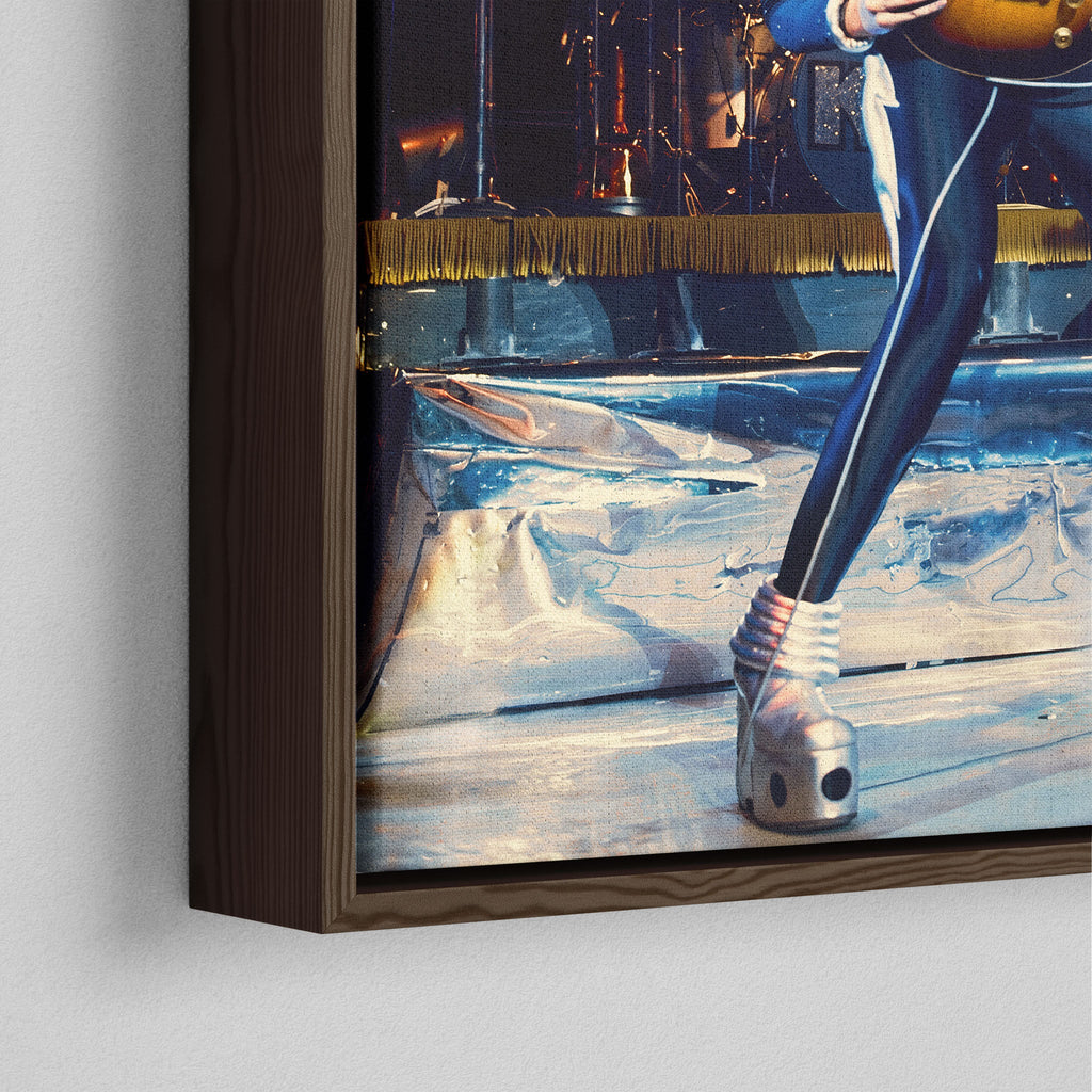 Corner close-up showing the rich grain and joinery of the dark walnut floating canvas frame.