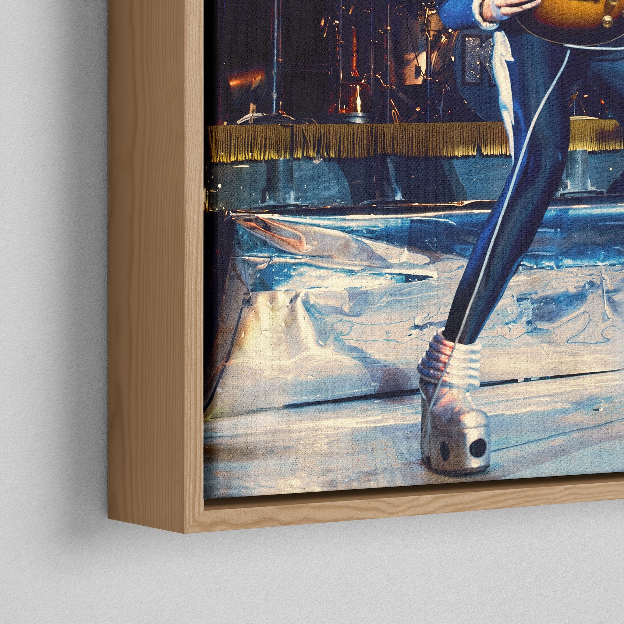 Corner close-up of the floating gap and grain texture of the natural wood canvas frame.