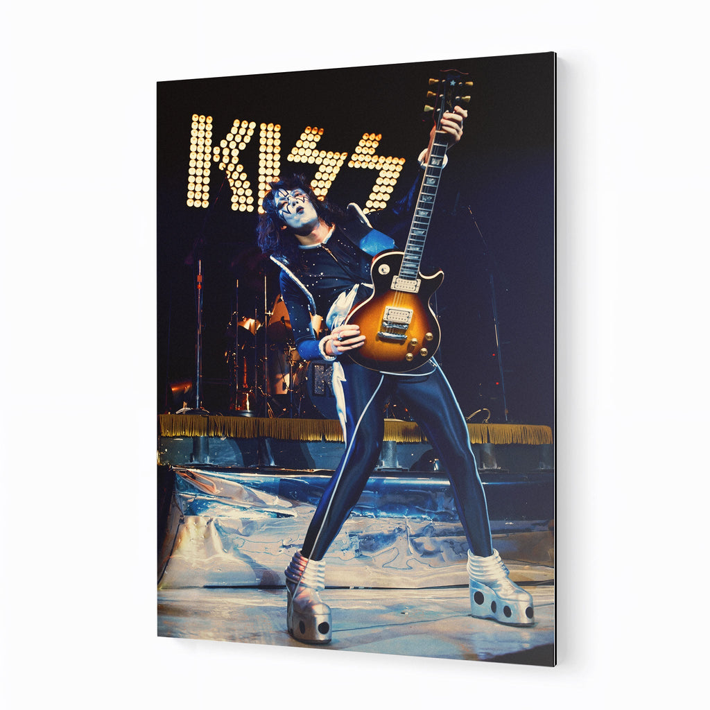 Premium color metal print of Ace Frehley live with KISS at Nippon Budokan 1977 on an industrial-grade aluminum panel.