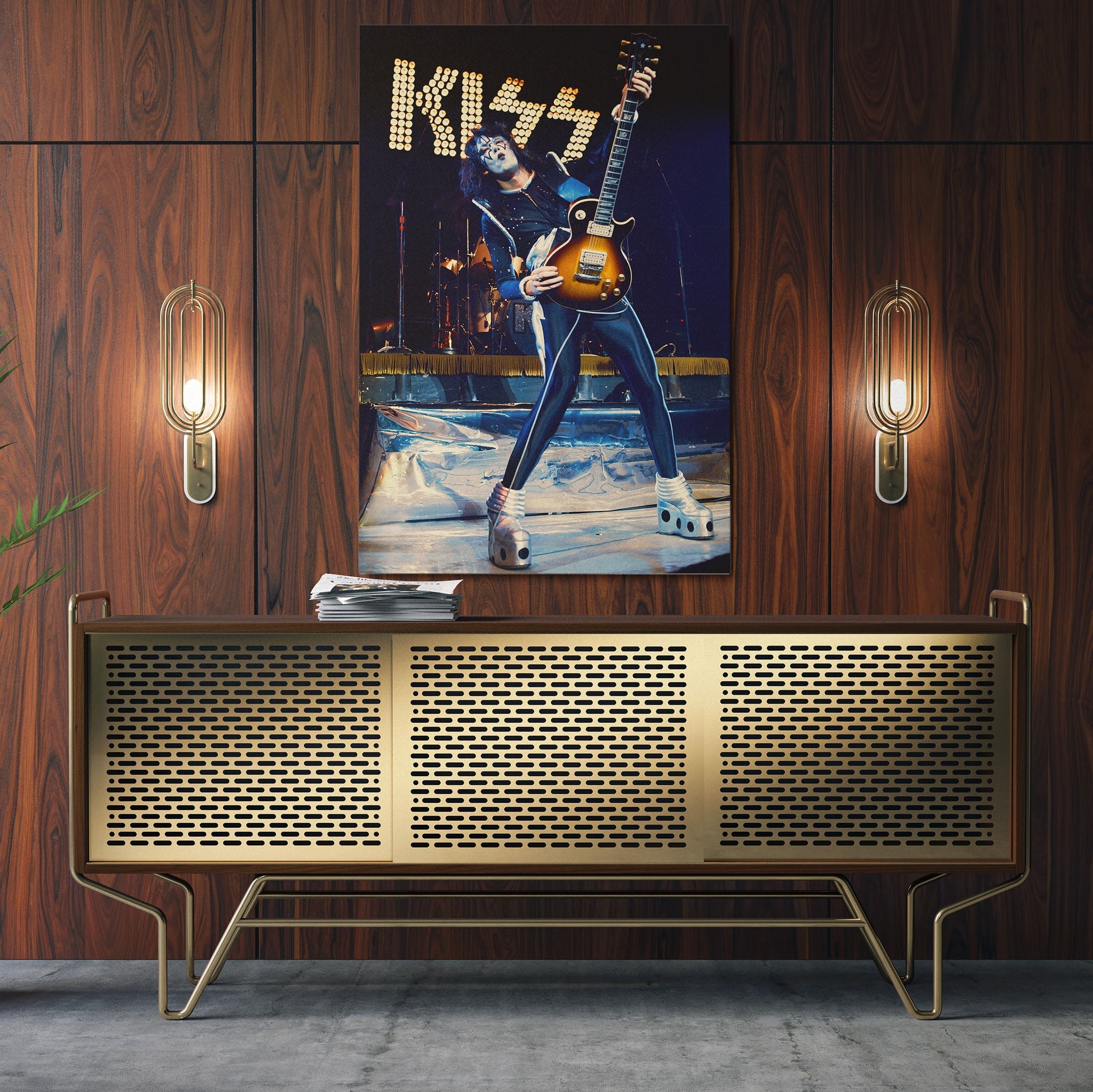 Sleek aluminum color metal print of Ace Frehley in Japan displayed over a mid-century modern credenza.
