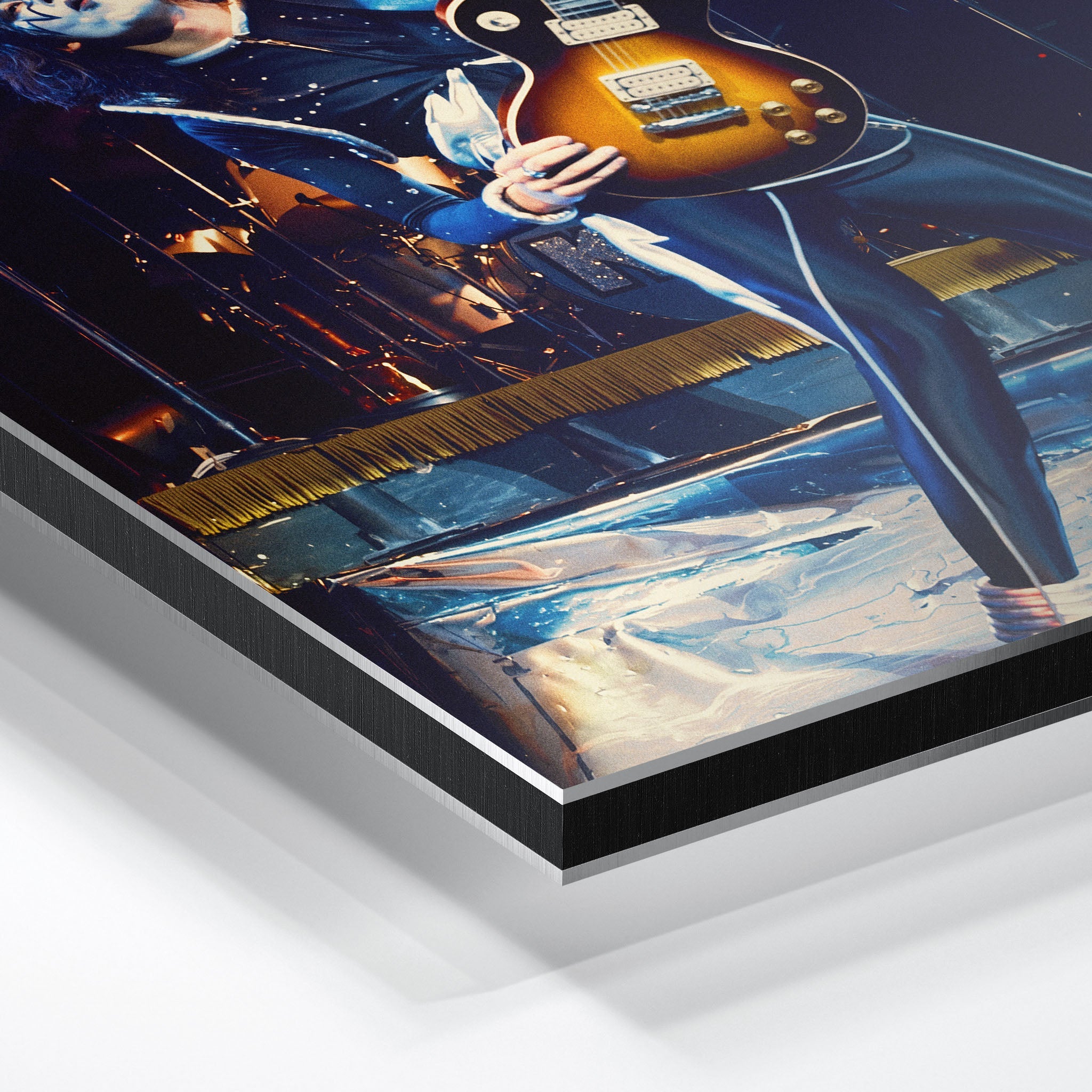 Macro close-up of the ultra-thin aluminum DIBOND panel edge of the Ace Frehley 1977 KISS Japan color metal print.