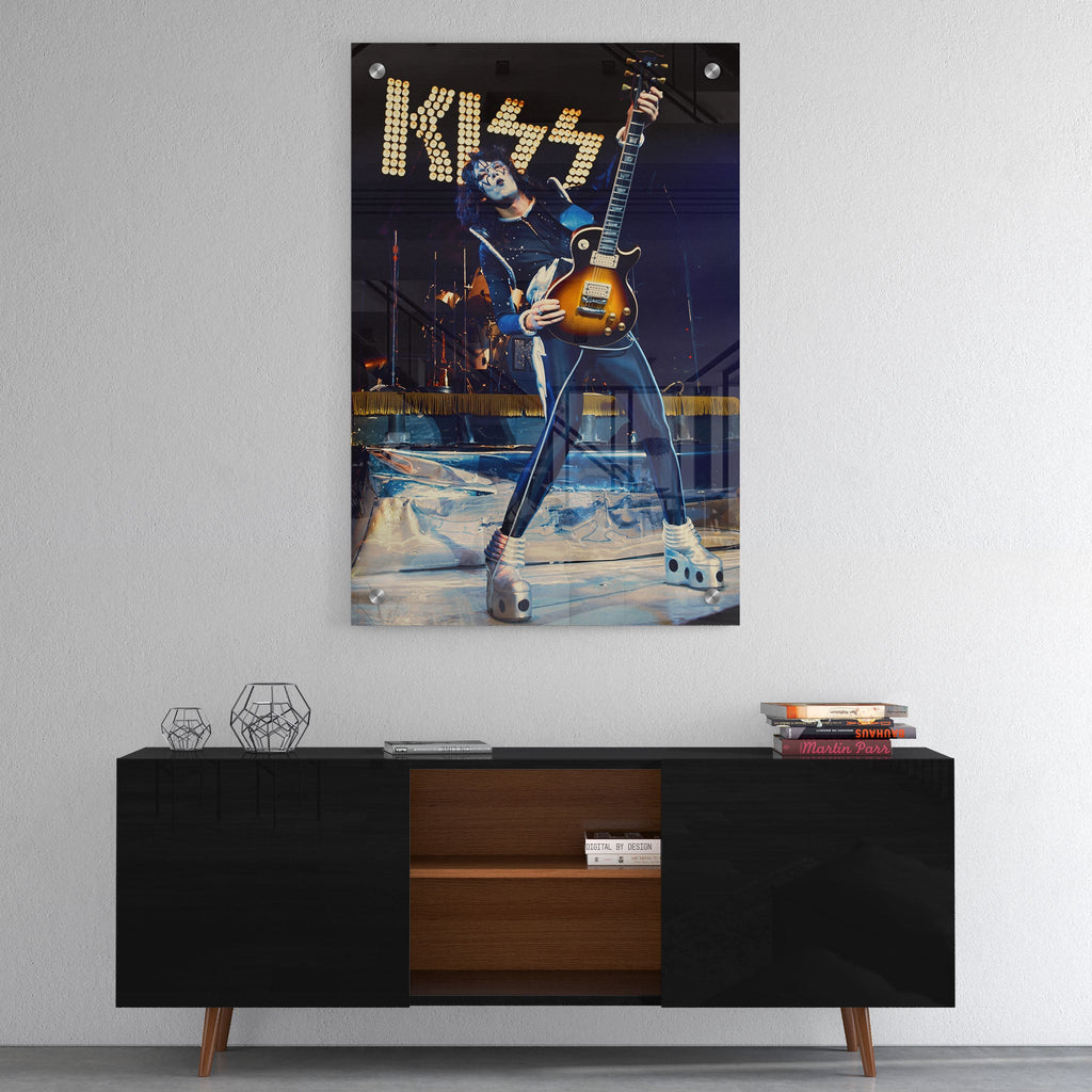 High-gloss acrylic glass color print of Ace Frehley in Japan displayed above a contemporary console.
