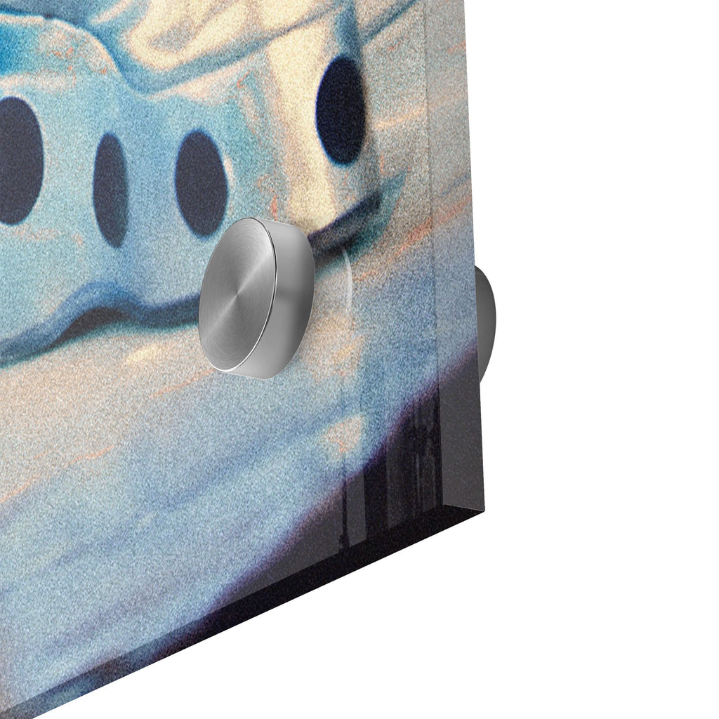 Macro close-up of the depth effect and stainless steel standoff mount of the acrylic Ace Frehley print.