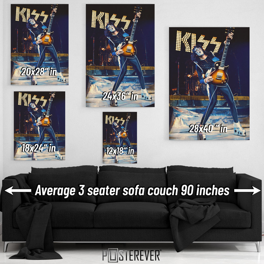 Ace Frehley 1977 KISS Japan color wall art size comparison chart shown above an average 90-inch three-seater sofa.